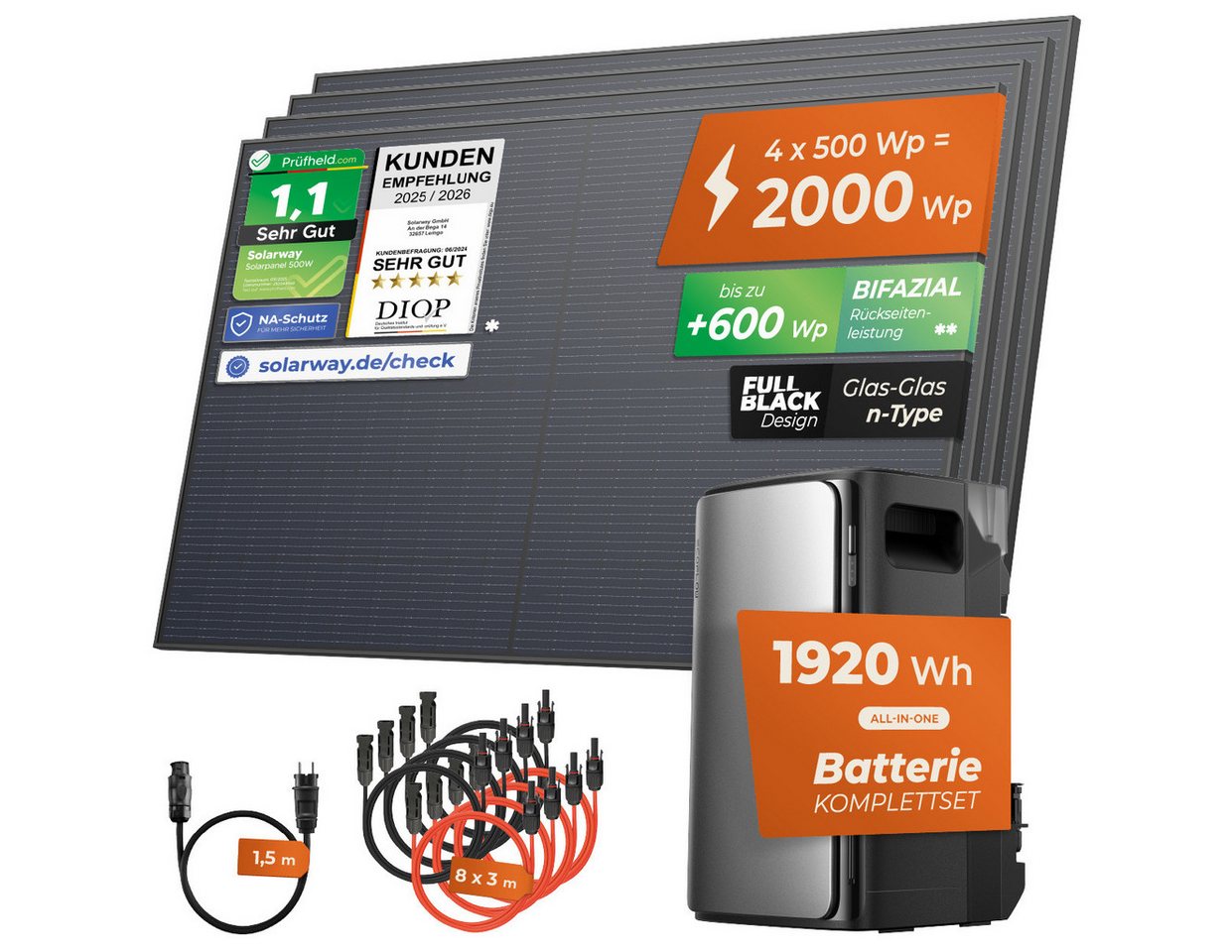 Solarway Balkonkraftwerk 2000Wp / 800W mit 1,9kWh EcoFlow Speicher komplett Steckdose, 2000 W, Monokristallin, (Spar-Set), Steckdose - 1,9 kWh EcoFlow Stream Ul – Bild 2 von 5