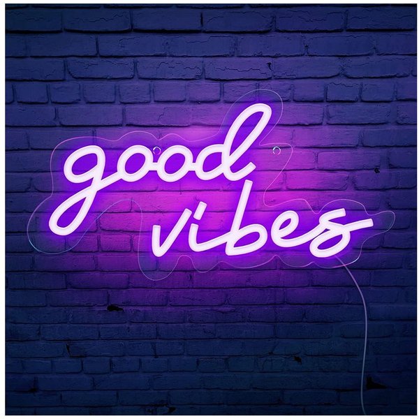SOLIDEE LED Dekolicht LED-Neonschild „Good Vibes“ mit Acrylsockel, USB, Violett, LED fest integriert, Violett, „Good Vibes“-Schriftzug, violettes Licht, dimmbar