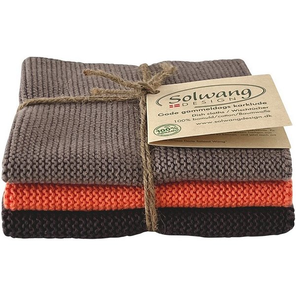 Solwang Putzlappen, Wischlappen, Wischtücher, Geschirrtuch, Handtuch, Reinigungstuch (Baumwolle, 3 Stück gestrickte Wischtücher in warmem Grau/Koralle Kombi, 25