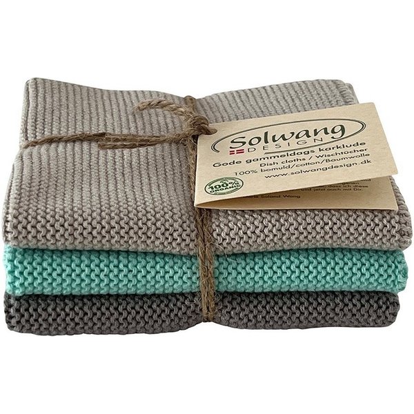 Solwang Putzlappen, Wischlappen, Wischtücher, Geschirrtuch, Handtuch, Reinigungstuch (Baumwolle,Waschbar bei 60 Grad, 3 Stück gestrickte Wischtücher in Grau/Aqu