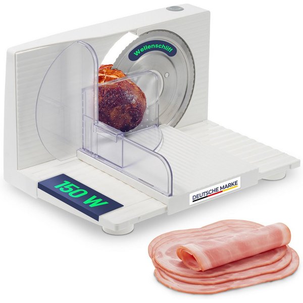 Sommertal Allesschneider AS170 150W Edelstahlmesser mit Wellenschliff, 0-15mm, klappbar, elektrische Schneidemaschine Brotschneidemaschine weiß