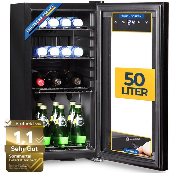 Sommertal Getränkekühlschrank GK50, 70 cm hoch, 35 cm breit, Touchscreen & Schloss kleiner Flaschenkühlschrank schwarz 50L
