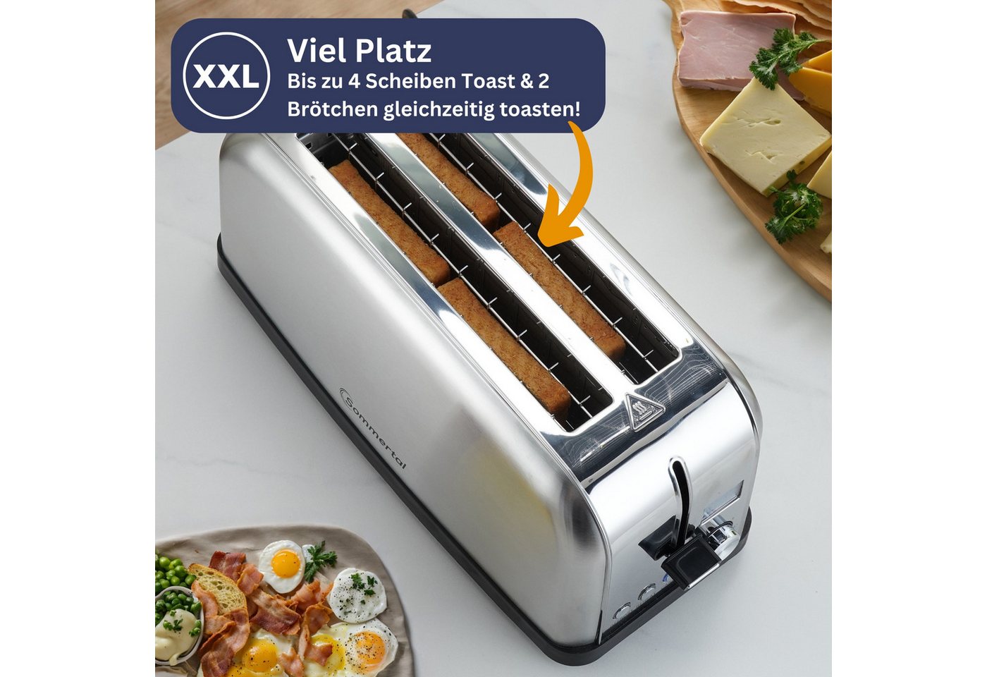 Sommertal Toaster Toaster ST1500 XXL, 4 Scheiben mit Brötchenaufsatz retro, für Für den Einsatz in der Küche geeignet., Display mit Timer und Restlaufanzeige, L – Bild 4 von 5