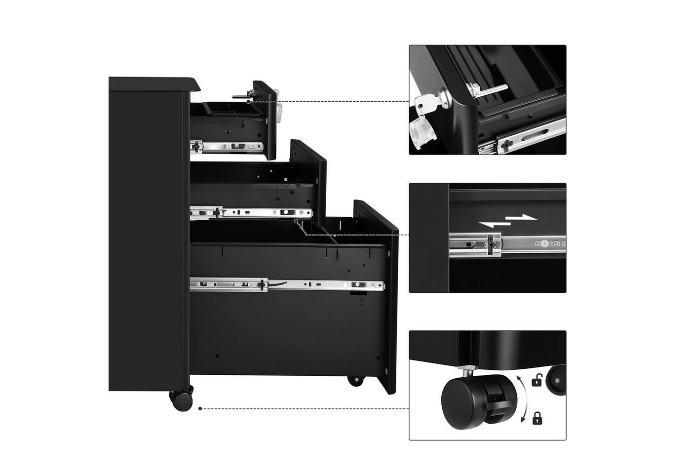 SONGMICS Aktenschrank Rollcontainer, Größe M/L, Büroschrank mit Rollen, Stahl, Vormontiert abschließbar, Büro, Hängeregistratur, 3 Schubladen,30 x 46 x 59.2 cm – Bild 4 von 5