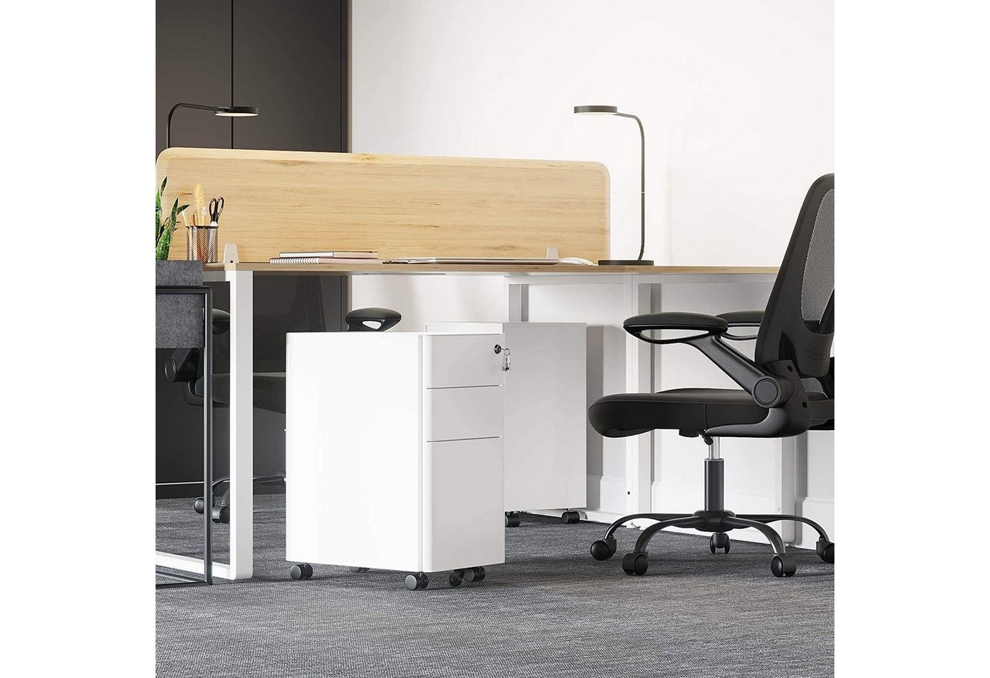 SONGMICS Aktenschrank Rollcontainer, Größe M/L, Büroschrank mit Rollen, Stahl, Vormontiert 30 x 46 x 59.2 cm,abschließbar, Büro, Hängeregistratur, 3 Schubladen – Bild 3 von 5