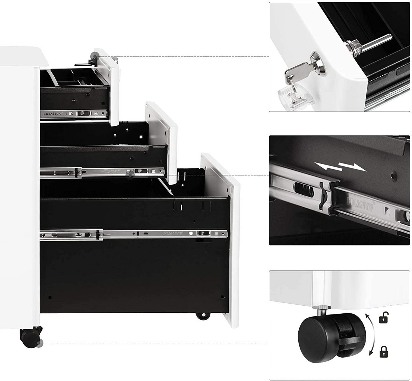 SONGMICS Aktenschrank Rollcontainer, Größe M/L, Büroschrank mit Rollen, Stahl, Vormontiert 30 x 46 x 59.2 cm,abschließbar, Büro, Hängeregistratur, 3 Schubladen – Bild 5 von 5