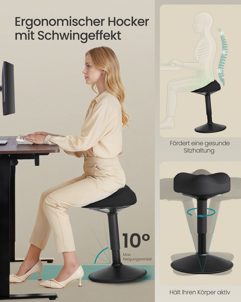 SONGMICS Arbeitshocker Stehhocker, Anti-Rutsch, für Büro und Homeoffice, höhenverstellbar 48-65,5 cm, drehbarer Sattelsitz, aktive Sitzhaltung – Bild 3 von 5