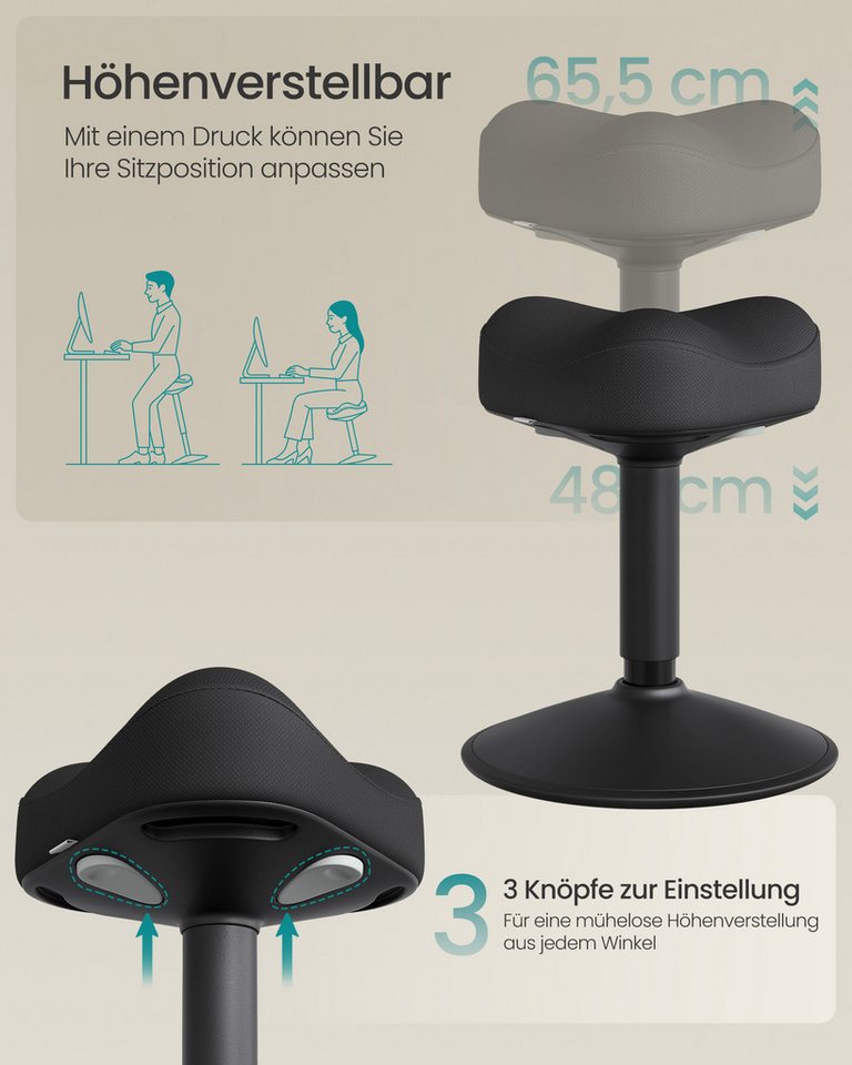 SONGMICS Arbeitshocker Stehhocker, Anti-Rutsch, für Büro und Homeoffice, höhenverstellbar 48-65,5 cm, drehbarer Sattelsitz, aktive Sitzhaltung – Bild 4 von 5