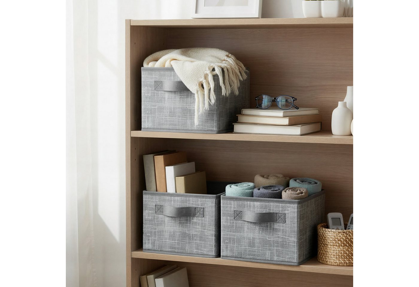 SONGMICS Aufbewahrungsbox 3er Set, Stoffboxen, für Kleiderschrank, 2 Griffe, Etikette, 30 x 20 x 15 cm, für Schlafzimmer Wohnzimmer, aufbewahren, Etikette – Bild 2 von 5