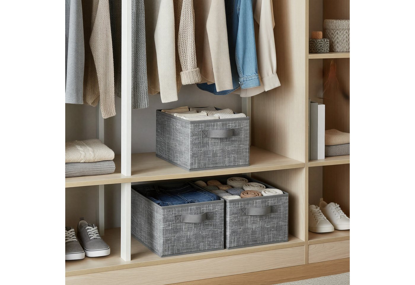 SONGMICS Aufbewahrungsbox 3er Set, Stoffboxen, für Kleiderschrank, 2 Griffe, Etikette, 30 x 20 x 15 cm, für Schlafzimmer Wohnzimmer, aufbewahren, Etikette – Bild 3 von 5