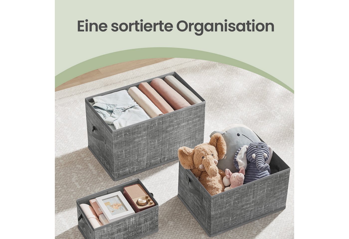 SONGMICS Aufbewahrungsbox 3er Set, Stoffboxen, für Kleiderschrank, 2 Griffe, Etikette, 30 x 20 x 15 cm, für Schlafzimmer Wohnzimmer, aufbewahren, Etikette – Bild 4 von 5