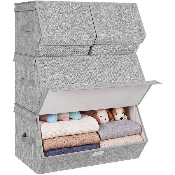 SONGMICS Aufbewahrungsbox mit Magnetverschluss, Stoffboxen Aufbewahrung, mit Deckel, 4er Set Kleiderschrank-Organizer, stapelbar, Faltbox