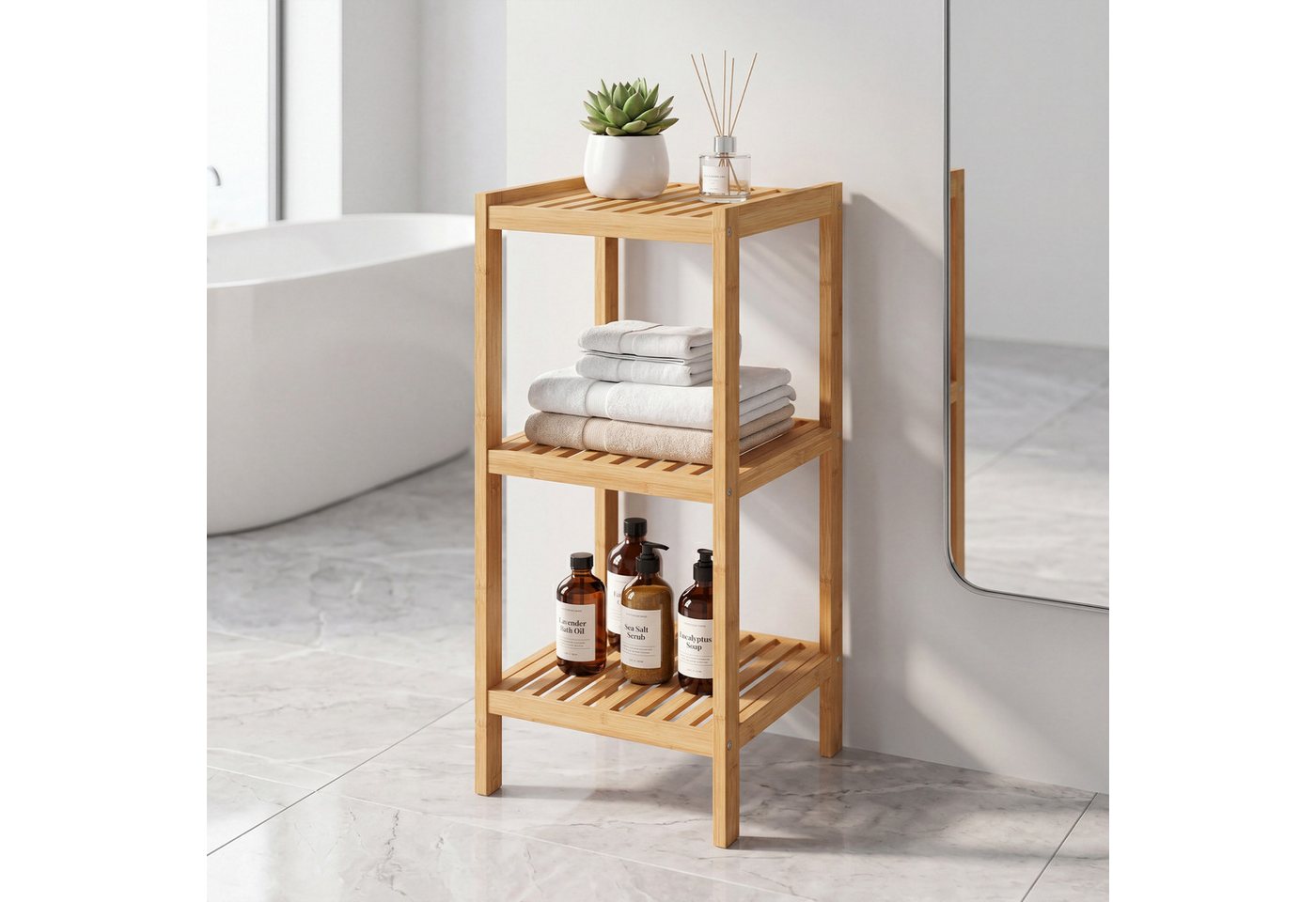 SONGMICS Badregal Badezimmerregal, 33 x 33 x 79.5 cm, aus Bambus, für Bad, Wohnzimmer, Küchenregal – Bild 2 von 5