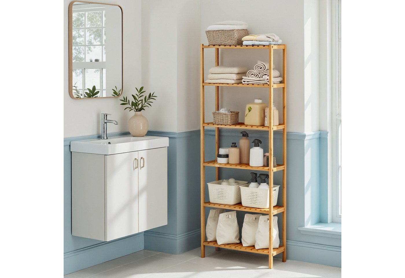 SONGMICS Badregal Badezimmerregal, 60 x 26.2 x 160.9 cm, aus Bambus, für Bad, Wohnzimmer, Küchenregal – Bild 4 von 5
