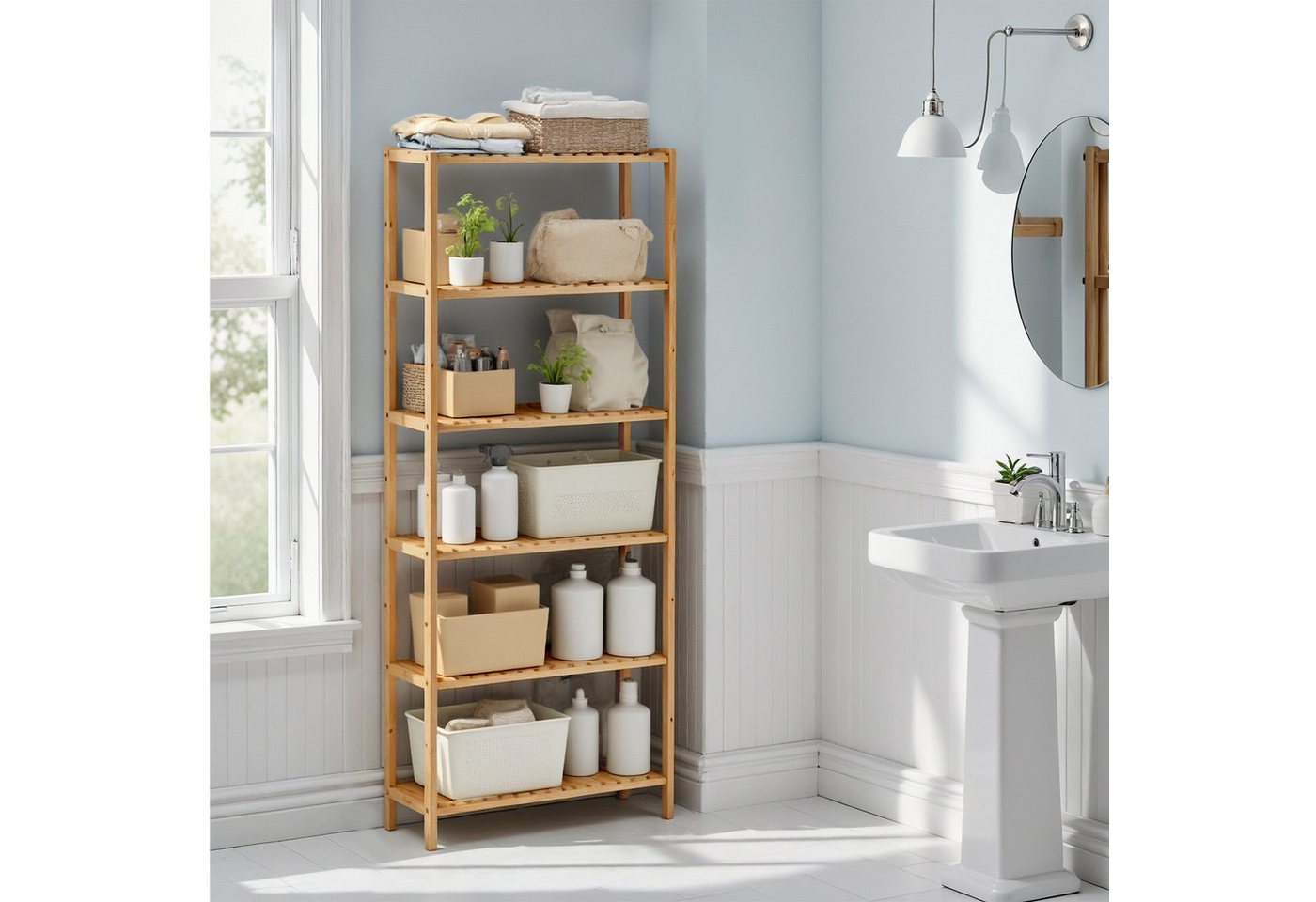 SONGMICS Badregal Badezimmerregal, 60 x 26.2 x 160.9 cm, aus Bambus, für Bad, Wohnzimmer, Küchenregal – Bild 5 von 5