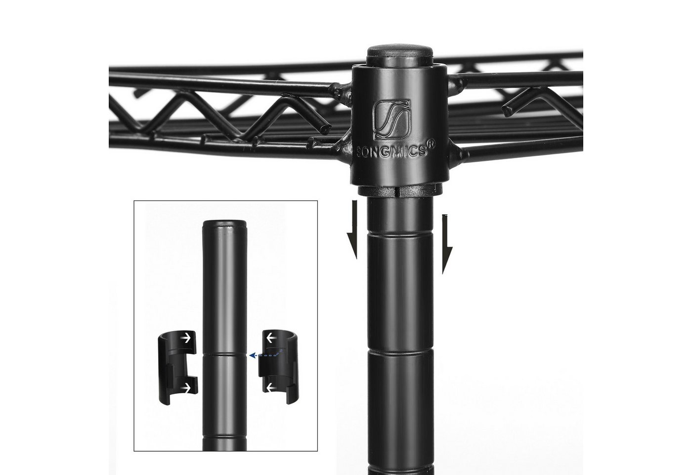 SONGMICS Badregal Badezimmerregal, Standregal, Metallregal, bis 100 kg belastbar, mit 5 PP-Platten, abnehmbare Haken, 30 x 30 x 123,5 cm, erweiterbar – Bild 4 von 5
