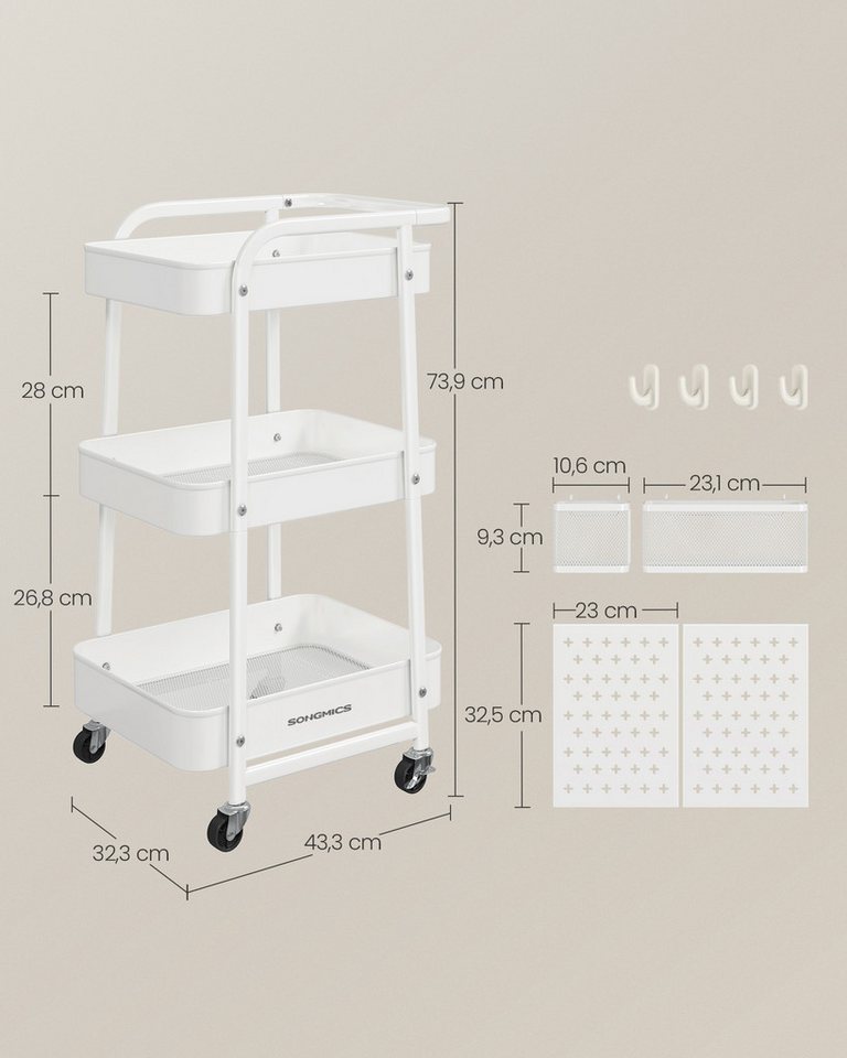 SONGMICS Beistellwagen Rollwagen, Küchenwagen, Servierwagen, 3 Gitterablagen, 2 Lochplatten, 2 Hängekörbe, 4 Haken – Bild 3 von 5