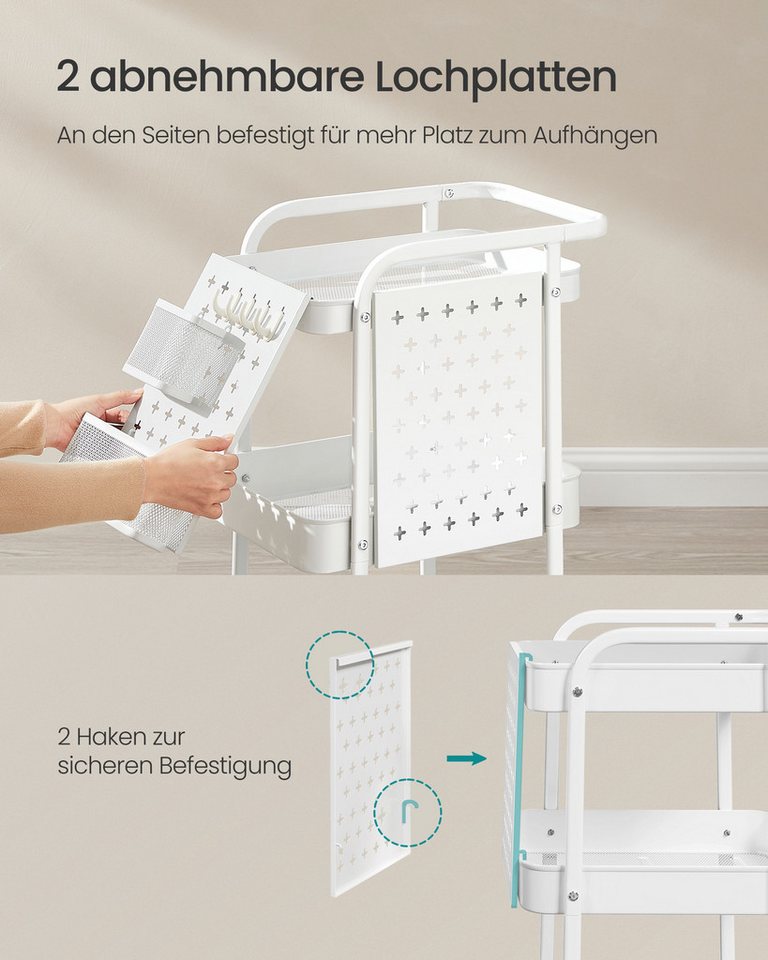 SONGMICS Beistellwagen Rollwagen, Küchenwagen, Servierwagen, 3 Gitterablagen, 2 Lochplatten, 2 Hängekörbe, 4 Haken – Bild 4 von 5