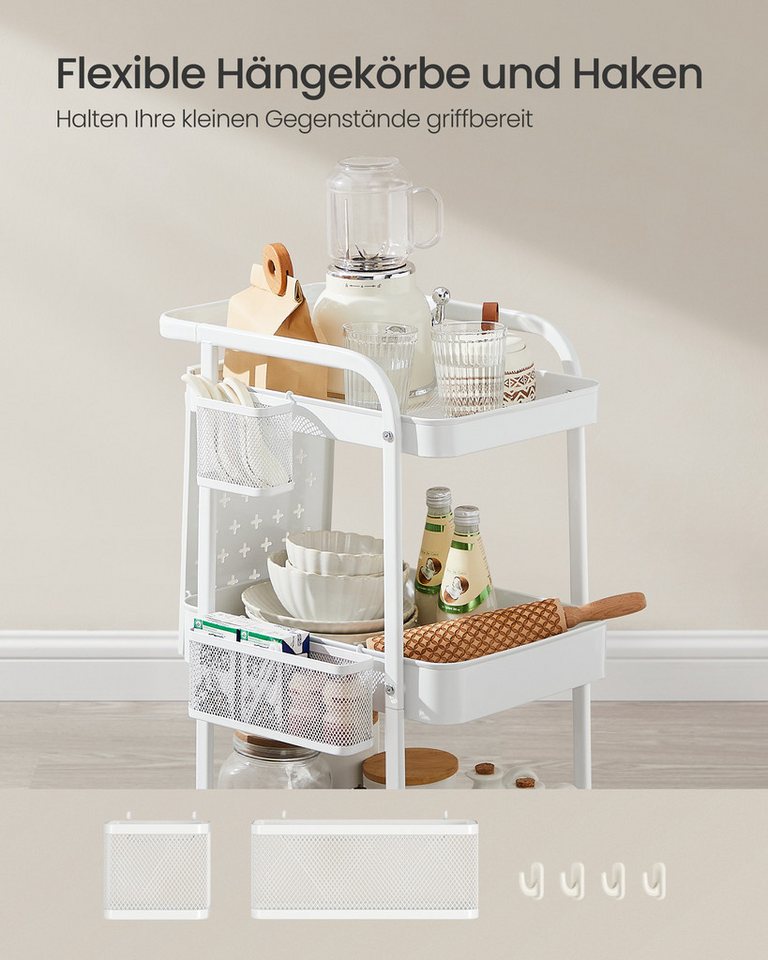 SONGMICS Beistellwagen Rollwagen, Küchenwagen, Servierwagen, 3 Gitterablagen, 2 Lochplatten, 2 Hängekörbe, 4 Haken – Bild 5 von 5