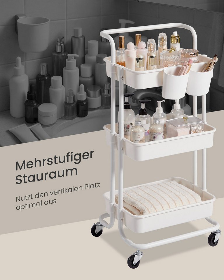 SONGMICS Beistellwagen Rollwagen, Ablagefächer aus Kunststoff, einfacher Aufbau, Schlafzimmer, Küchenwagen mit Griff, 2 kleine Einhängefächer, 2 Bremsen, 3 Eben – Bild 4 von 5