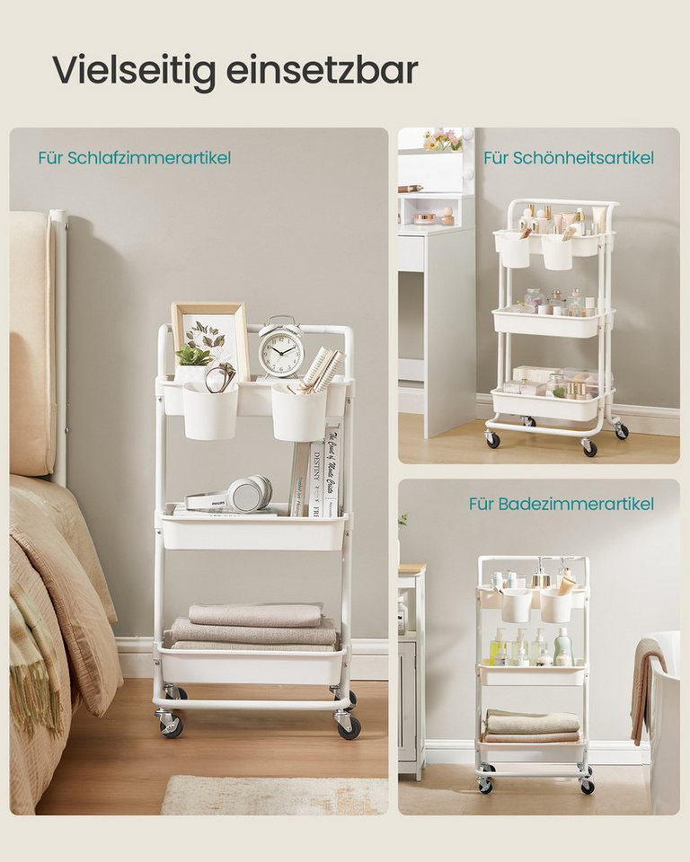 SONGMICS Beistellwagen Rollwagen, Ablagefächer aus Kunststoff, einfacher Aufbau, Schlafzimmer, Küchenwagen mit Griff, 2 kleine Einhängefächer, 2 Bremsen, 3 Eben – Bild 5 von 5