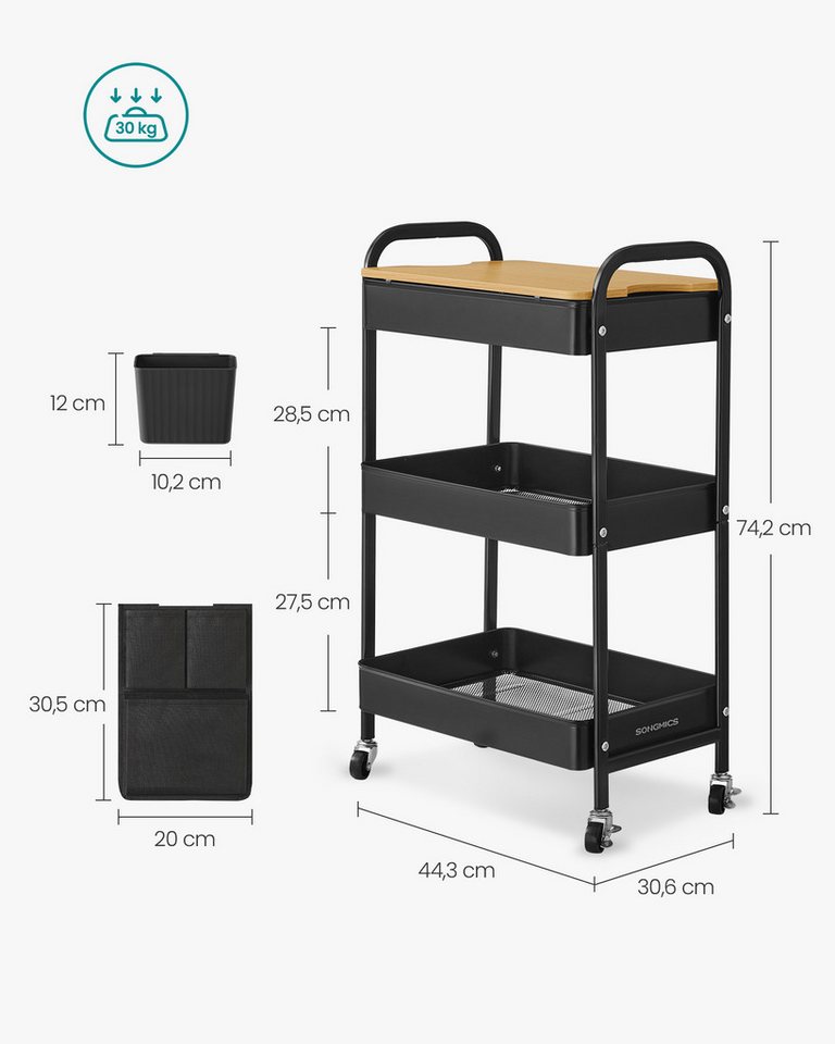 SONGMICS Beistellwagen Rollwagen, Küchenwagen, Servierwagen, 3 Gitterablagen, 2 Hängebehälter, 2 Organizer, 45x30x77cm – Bild 3 von 5
