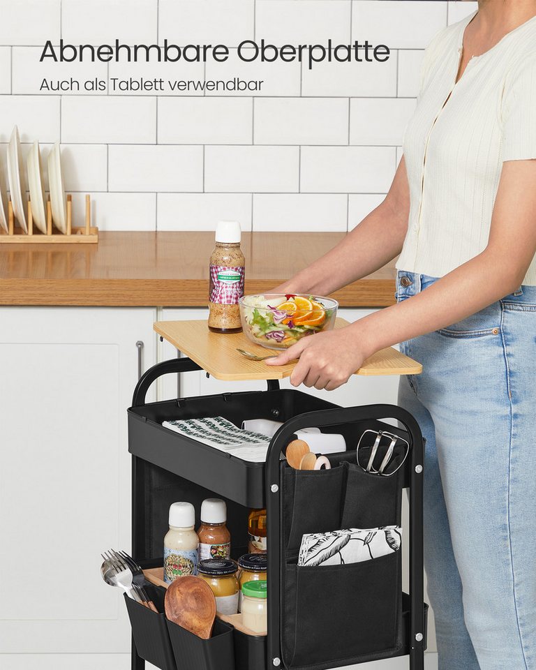 SONGMICS Beistellwagen Rollwagen, Küchenwagen, Servierwagen, 3 Gitterablagen, 2 Hängebehälter, 2 Organizer, 45x30x77cm – Bild 4 von 5