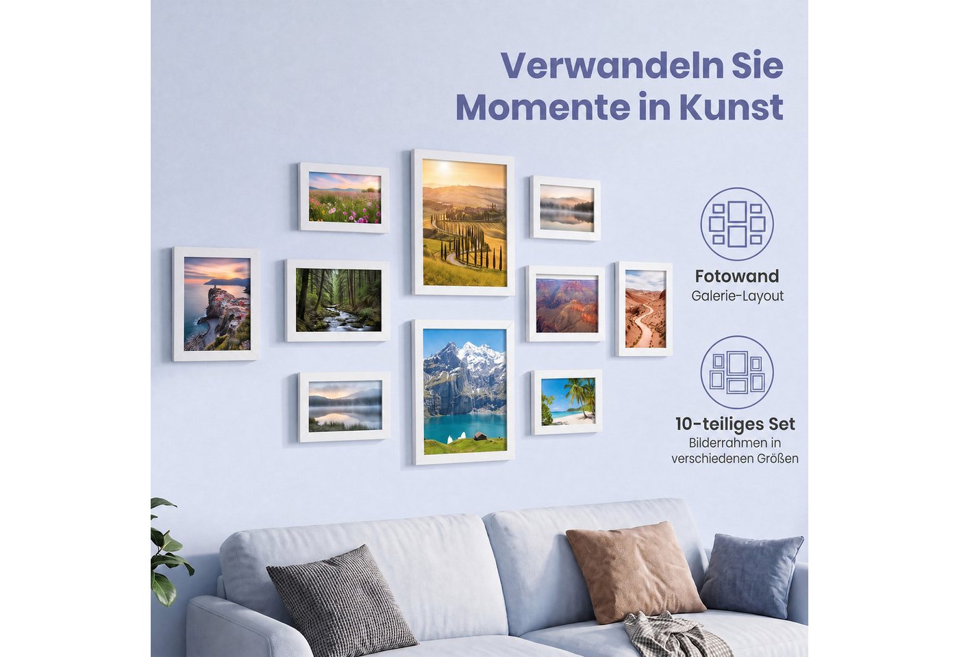 SONGMICS Bilderrahmen-Set Fotorahmen, 10er Set, Kunststoffscheibe, MDF, für 2 in 20 x 25 cm, 4 in 13 x 18 cm, 4 in 10 x 15 cm – Bild 4 von 5