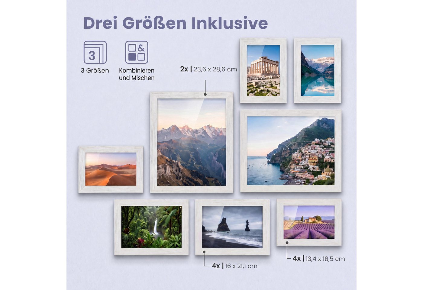 SONGMICS Bilderrahmen-Set Fotorahmen, 10er Set, Kunststoffscheibe, MDF, für 2 in 20 x 25 cm, 4 in 13 x 18 cm, 4 in 10 x 15 cm – Bild 5 von 5