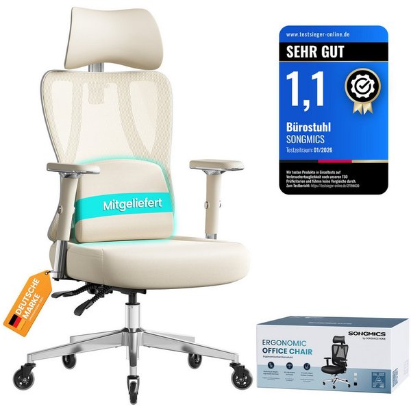SONGMICS Bürostuhl ergonomisch, Schreibtischstuhl, für verschiedene Körpergröße, verstellbare Lenden-, Kopfstütze, Armlehnen, bis zu 150 kg belastbar