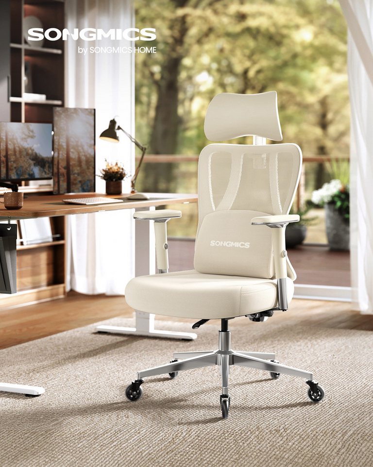 SONGMICS Bürostuhl ergonomisch, Schreibtischstuhl, für verschiedene Körpergröße, verstellbare Lenden-, Kopfstütze, Armlehnen, bis zu 150 kg belastbar – Bild 2 von 5