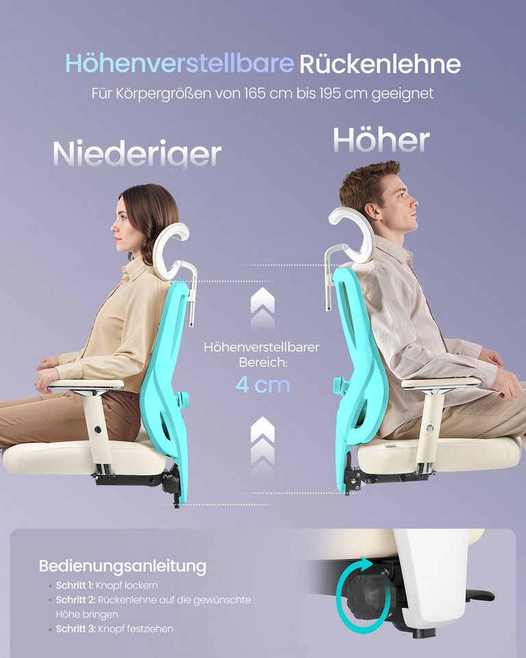 SONGMICS Bürostuhl ergonomisch, Schreibtischstuhl, für verschiedene Körpergröße, verstellbare Lenden-, Kopfstütze, Armlehnen, bis zu 150 kg belastbar – Bild 3 von 5