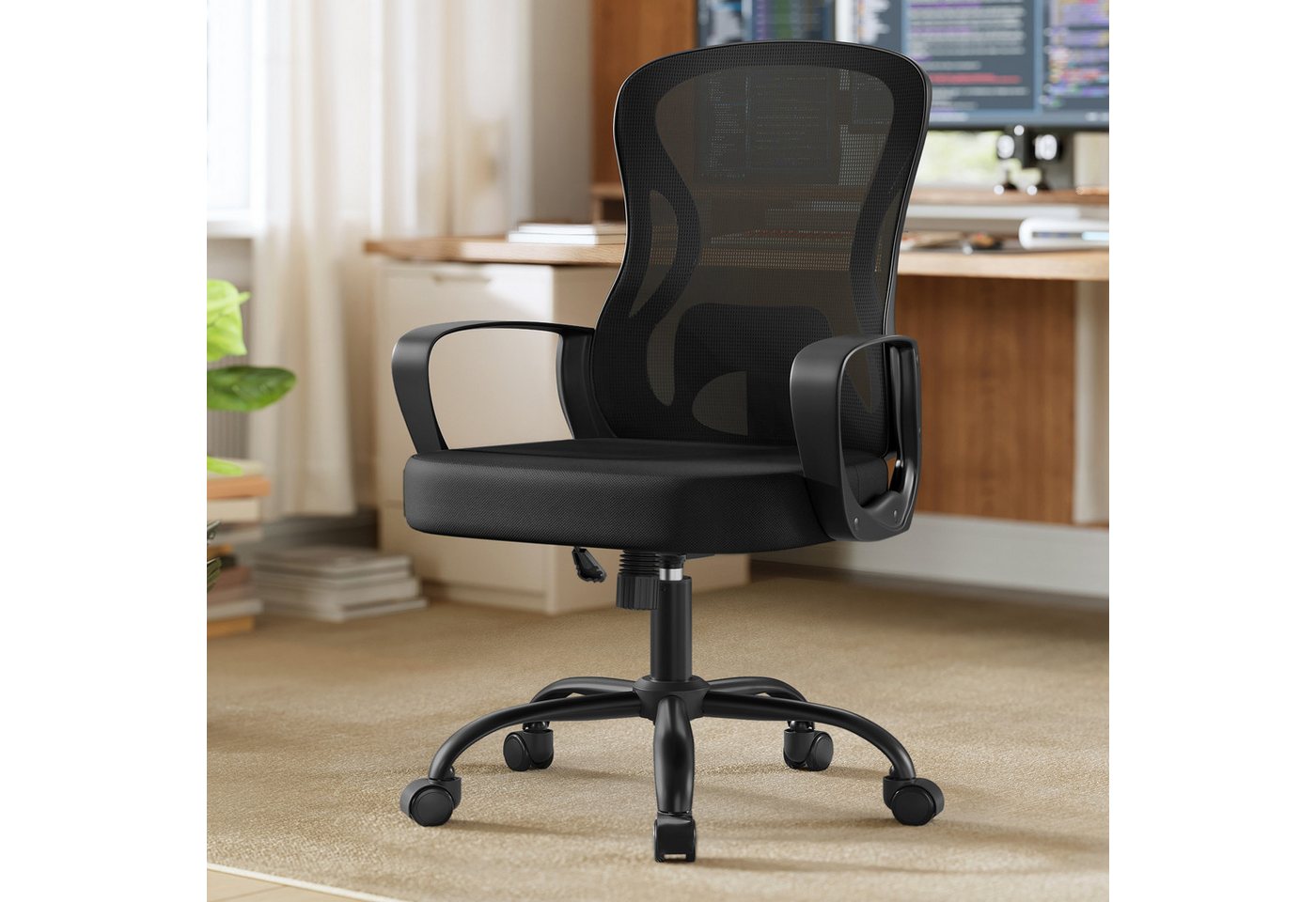 SONGMICS Bürostuhl ergonomisch, für Arbeitszimmer, Schlafzimmer, Drehstuhl mit Netzgewebe, Höhe der Armlehnen: 75 cm – Bild 2 von 5