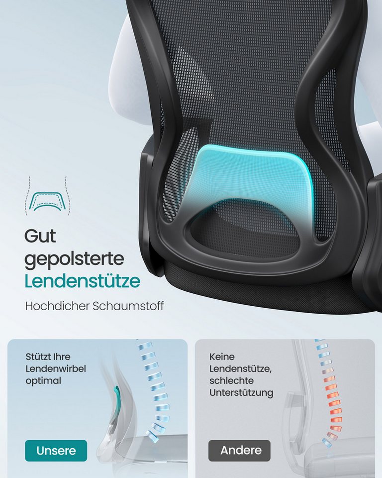 SONGMICS Bürostuhl ergonomisch, für Arbeitszimmer, Schlafzimmer, Drehstuhl mit Netzgewebe, Höhe der Armlehnen: 75 cm – Bild 3 von 5