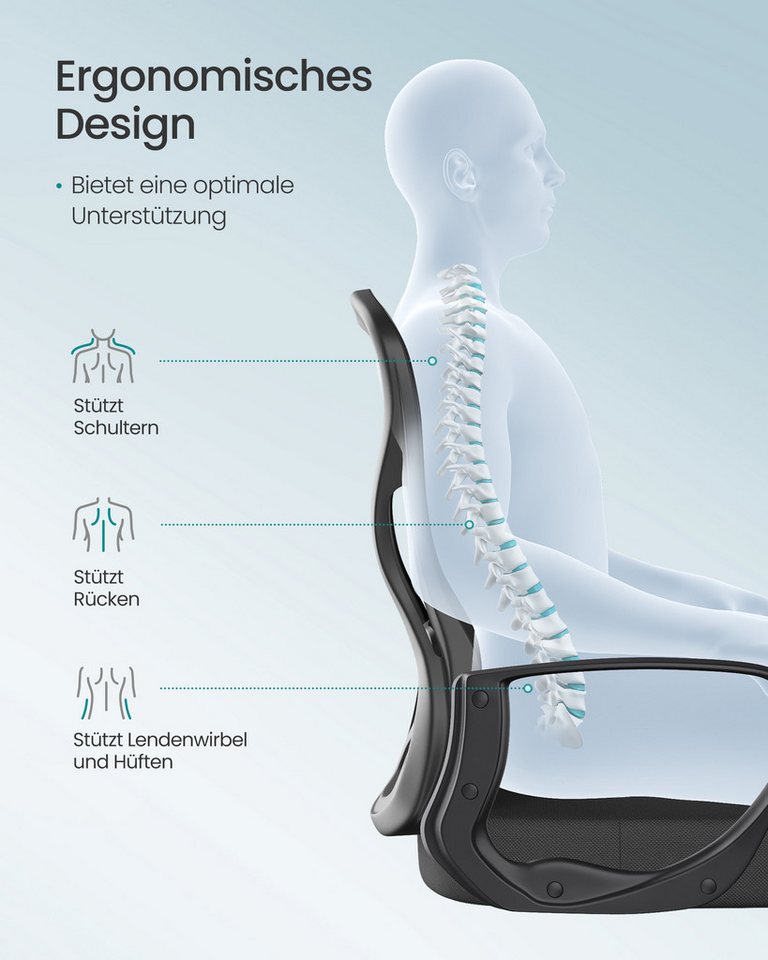 SONGMICS Bürostuhl ergonomisch, für Arbeitszimmer, Schlafzimmer, Drehstuhl mit Netzgewebe, Höhe der Armlehnen: 75 cm – Bild 4 von 5