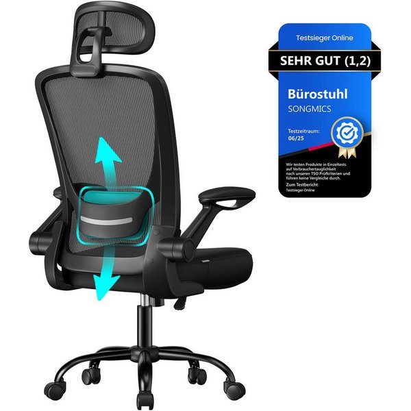 SONGMICS Bürostuhl ergonomischer Drehstuhl mit Mesh, Lendenstütze, Wippfunktion, mit Kopfstütze, 53 cm breite Sitzfläche und klappbaren Armlehnen