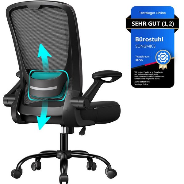 SONGMICS Bürostuhl ergonomischer Drehstuhl mit Mesh, Lendenstütze, Wippfunktion, ohne Kopfstütze, 53 cm breite Sitzfläche und klappbaren Armlehnen