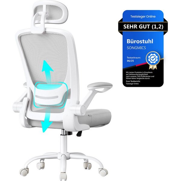 SONGMICS Bürostuhl ergonomischer Drehstuhl mit Mesh, Lendenstütze, Wippfunktion, mit Kopfstütze, 53 cm breite Sitzfläche und klappbaren Armlehnen