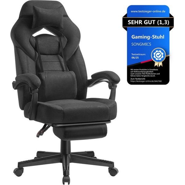 SONGMICS Bürostuhl Gaming-Stuhl, Computerstuhl ergonomischer, bis 150 kg belastbar, mit ausziehbarer Fußstütze, verstellbarem Kopfkissen und Lendenkissen