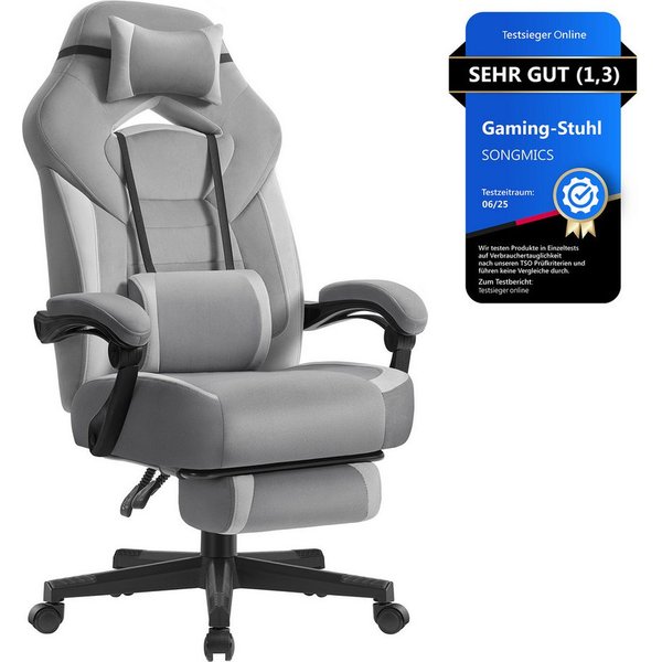 SONGMICS Bürostuhl Gaming-Stuhl, Computerstuhl ergonomischer, bis 150 kg belastbar, mit ausziehbarer Fußstütze, verstellbarem Kopfkissen und Lendenkissen
