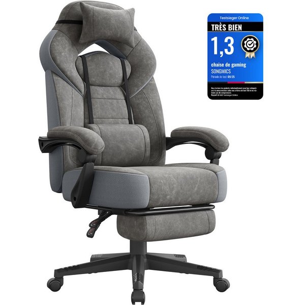 SONGMICS Bürostuhl Gaming-Stuhl, Computerstuhl ergonomischer, bis 150 kg belastbar, mit ausziehbarer Fußstütze, verstellbarem Kopfkissen und Lendenkissen