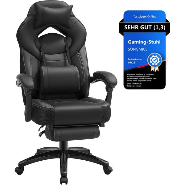 SONGMICS Bürostuhl Gaming-Stuhl, Computerstuhl ergonomischer, bis 150 kg belastbar, mit ausziehbarer Fußstütze, verstellbarem Kopfkissen und Lendenkissen