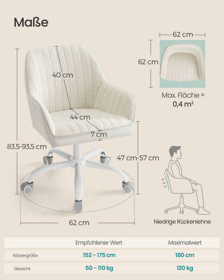 SONGMICS Bürostuhl Schminkstuhl, Homeoffice Stuhl, für Arbeitszimmer, höhenverstellbar, Schaumstoffpolsterung, Bar – Bild 3 von 5