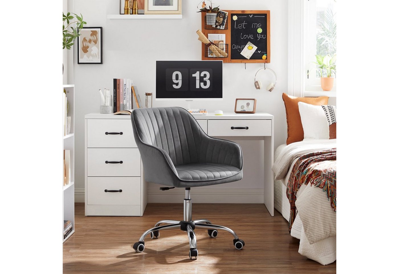 SONGMICS Bürostuhl Schminkstuhl, Homeoffice Stuhl, für Arbeitszimmer, Schaumstoffpolsterung, mit Samtbezug, Bar – Bild 2 von 5