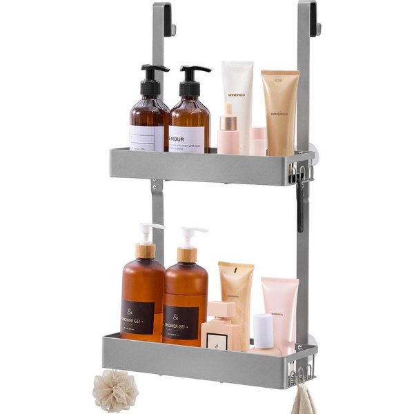 SONGMICS Duschablage Duschregal, 31,5 x 15,5 x 56 cm, 2 Ebenen Badezimmer Organizer mit Haken