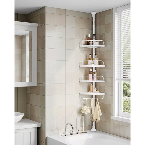 SONGMICS Duschablage mit 4 Ablagen, Gesamthöhe 85-305 cm, höhenverstellbar, rostbeständig, Eckregal Bad, mit 4 Ablagen, Badregal, 85-305 cm, höhenverstellbar