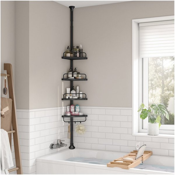 SONGMICS Duschablage mit 4 Ablagen, Gesamthöhe 85-305 cm, höhenverstellbar, rostbeständig, Eckregal Bad, mit 4 Ablagen, Badregal, 85-305 cm, höhenverstellbar