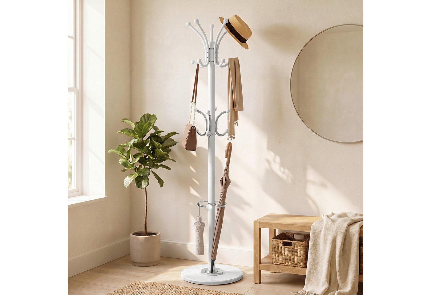 SONGMICS Garderobenständer Kleiderständer, 18 Haken, 38 x 38 x 178 cm, für Flur, mit Schirmständer, Marmorfuß – Bild 2 von 5
