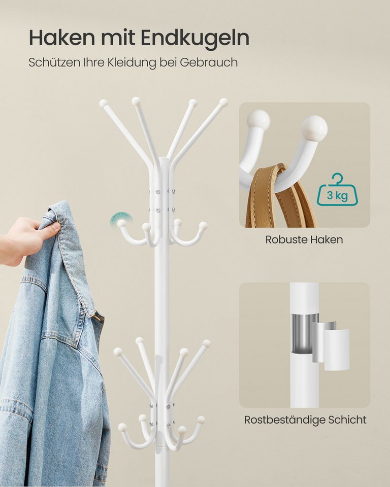 SONGMICS Garderobenständer Kleiderständer, Garderobe, für Kleidung, Taschen und Hüte, Höhe 175 cm, aus Metall, 16 Haken, Eingangsbereich, Wohnzimmer, Schlafzimm – Bild 4 von 5