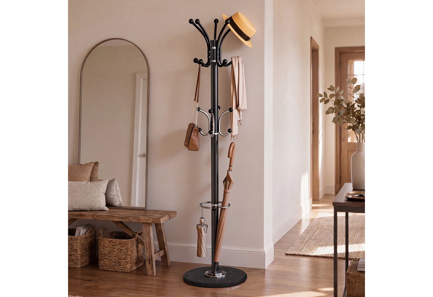 SONGMICS Garderobenständer Kleiderständer, 18 Haken, 38 x 38 x 178 cm, für Flur, mit Schirmständer, Marmorfuß – Bild 2 von 5